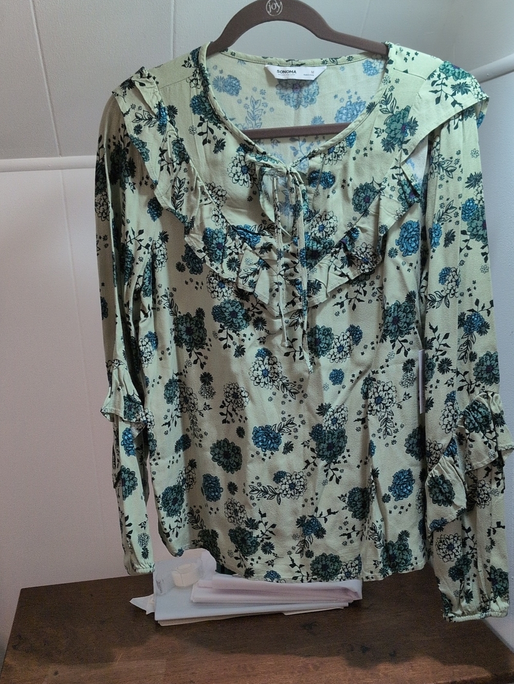 Sonoma Mint Green Floral Ruffle Tie-Neck Blouse